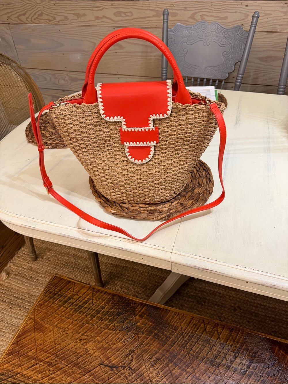 Woven Straw Tote with Red Trim - Picture 4 of 4